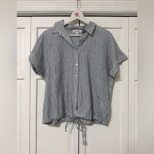 CALLIGRAPHIE Women’s Medium Dolman Sleeve Striped Button Down Blouse Tie Waist